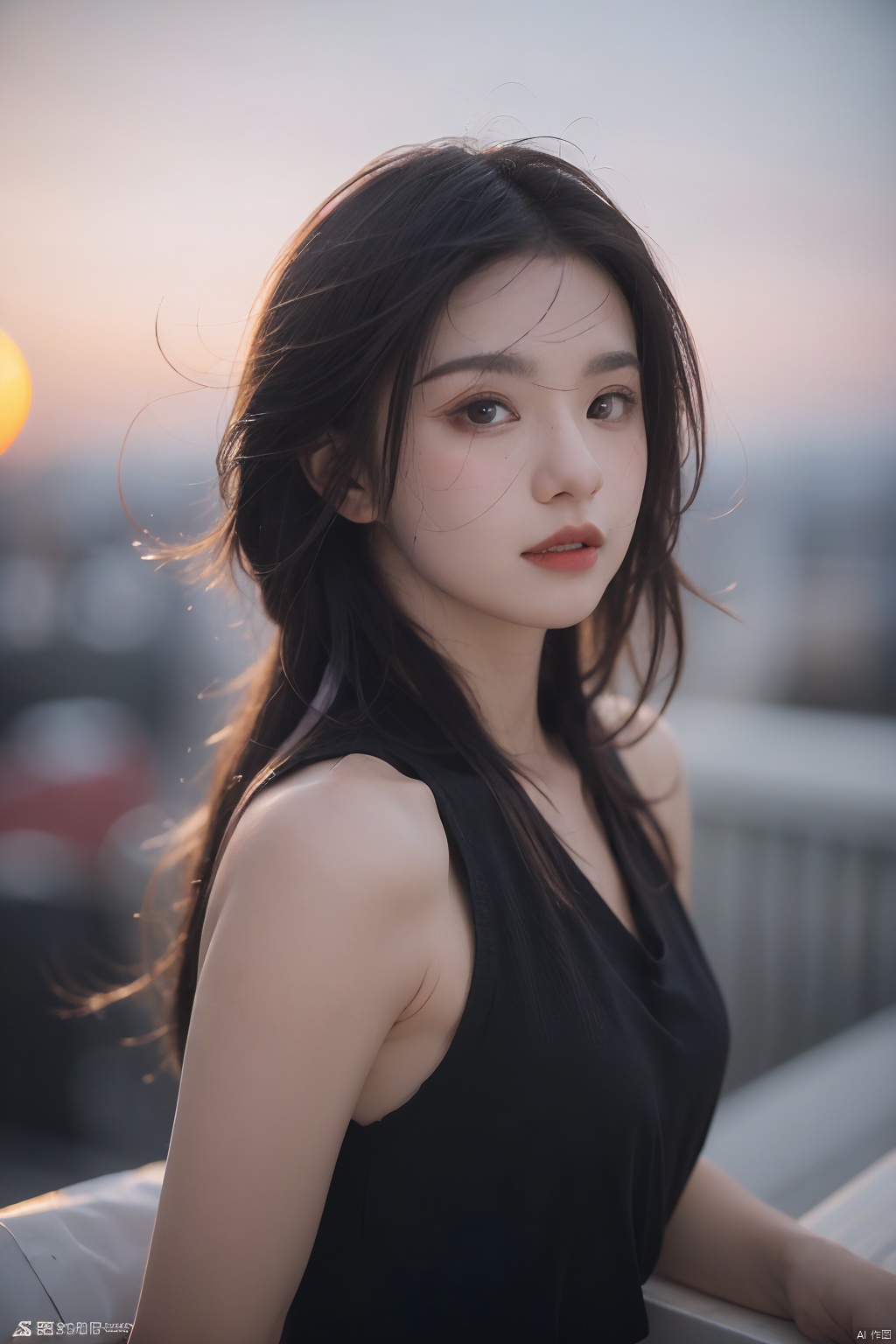  NSFW,Frontal photography,Look front,evening,dark clouds,the setting sun,On the city rooftop,A 20 year old female,Black top,Black Leggings,black hair,long hair, dark theme, muted tones, pastel colors, high contrast, (natural skin texture, A dim light, high clarity) ((sky background))((Facial highlights)), Light master, 1girl