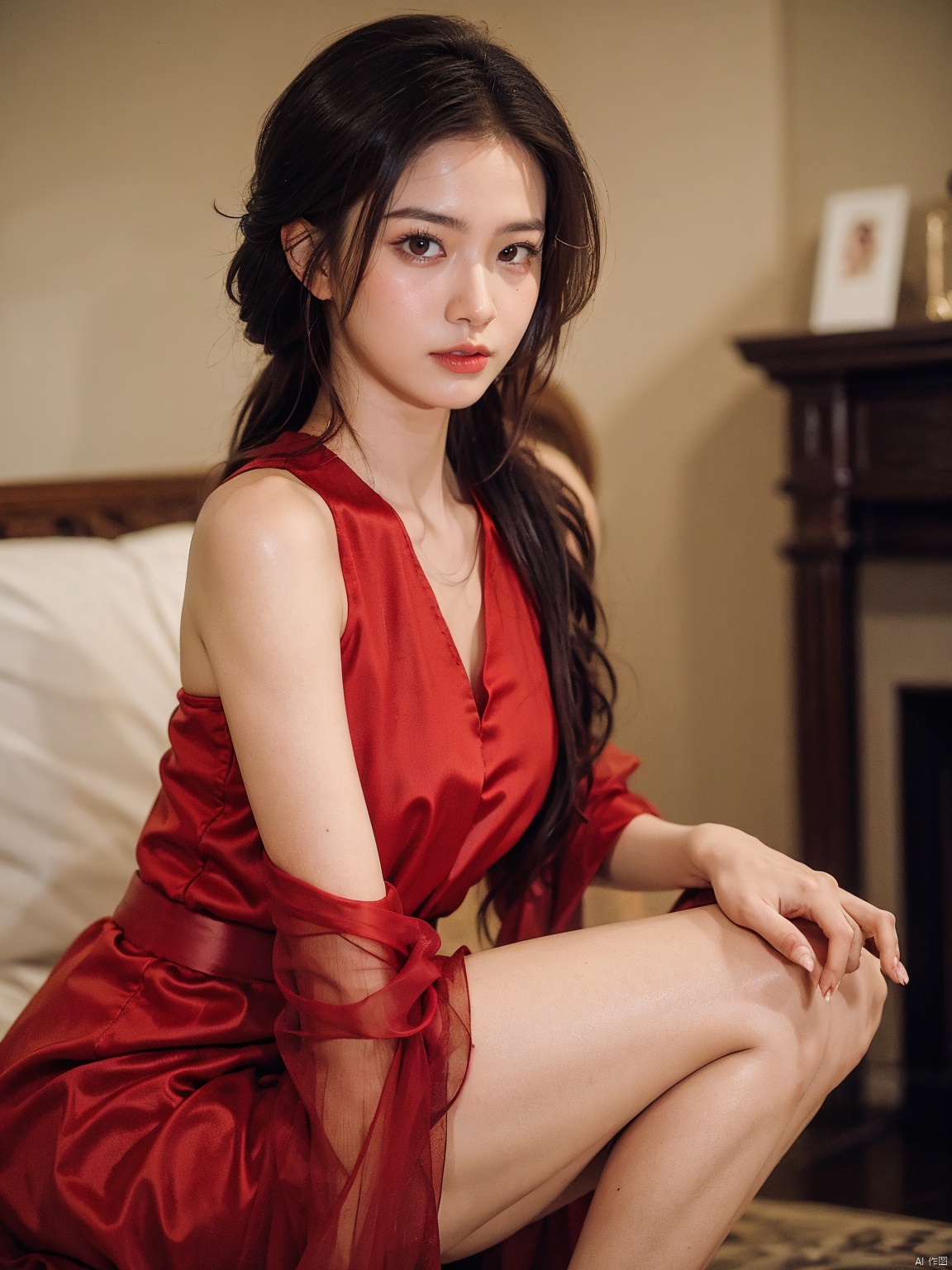  1, 1girl, long hair, brown hair, solo, dress, brown eyes, looking at viewer, holding, red dress, parted lips, bare shoulders, indoors, lips, sleeveless, ((poakl)),nice_body,full_body