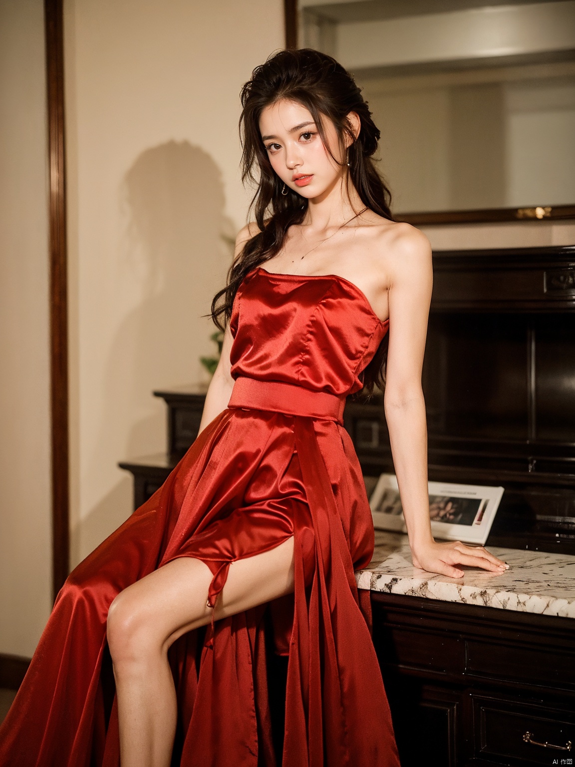  1, 1girl, long hair, brown hair, solo, dress, brown eyes, looking at viewer, holding, red dress, parted lips, bare shoulders, indoors, lips, sleeveless, ((poakl)),nice_body,full_body