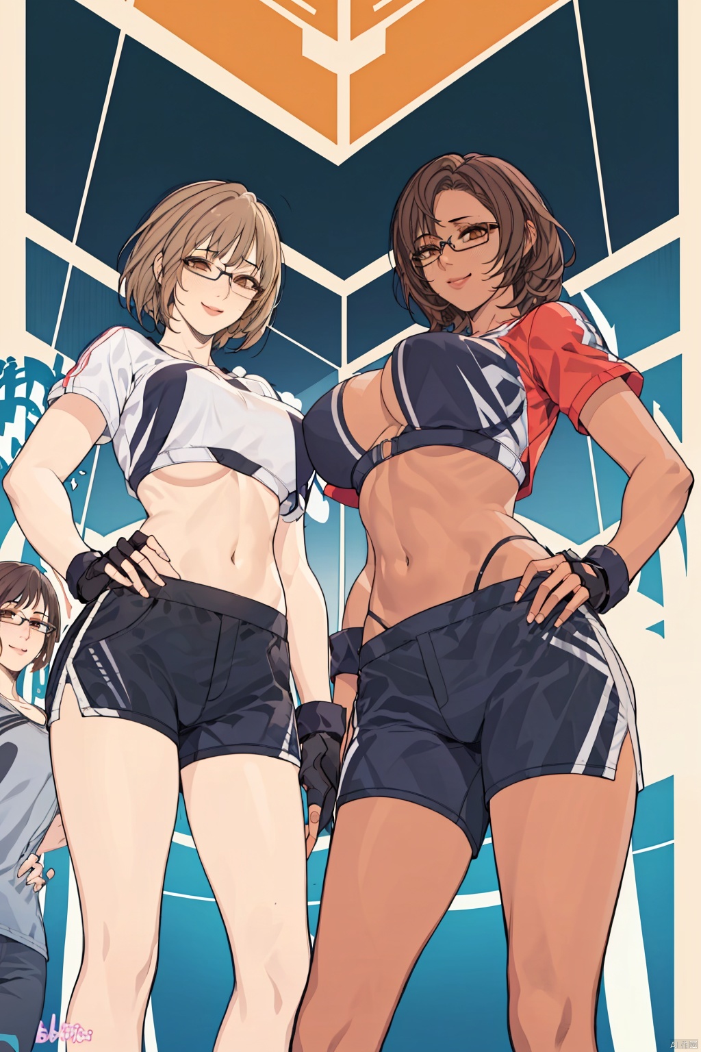 multiple girls, breasts, large breasts, glasses, brown hair, shorts, gloves, pants, clothing cutout, navel, dark skin, blonde hair, fingerless gloves, underboob, smile, skirt, short hair, brown eyes, midriff, 4girls