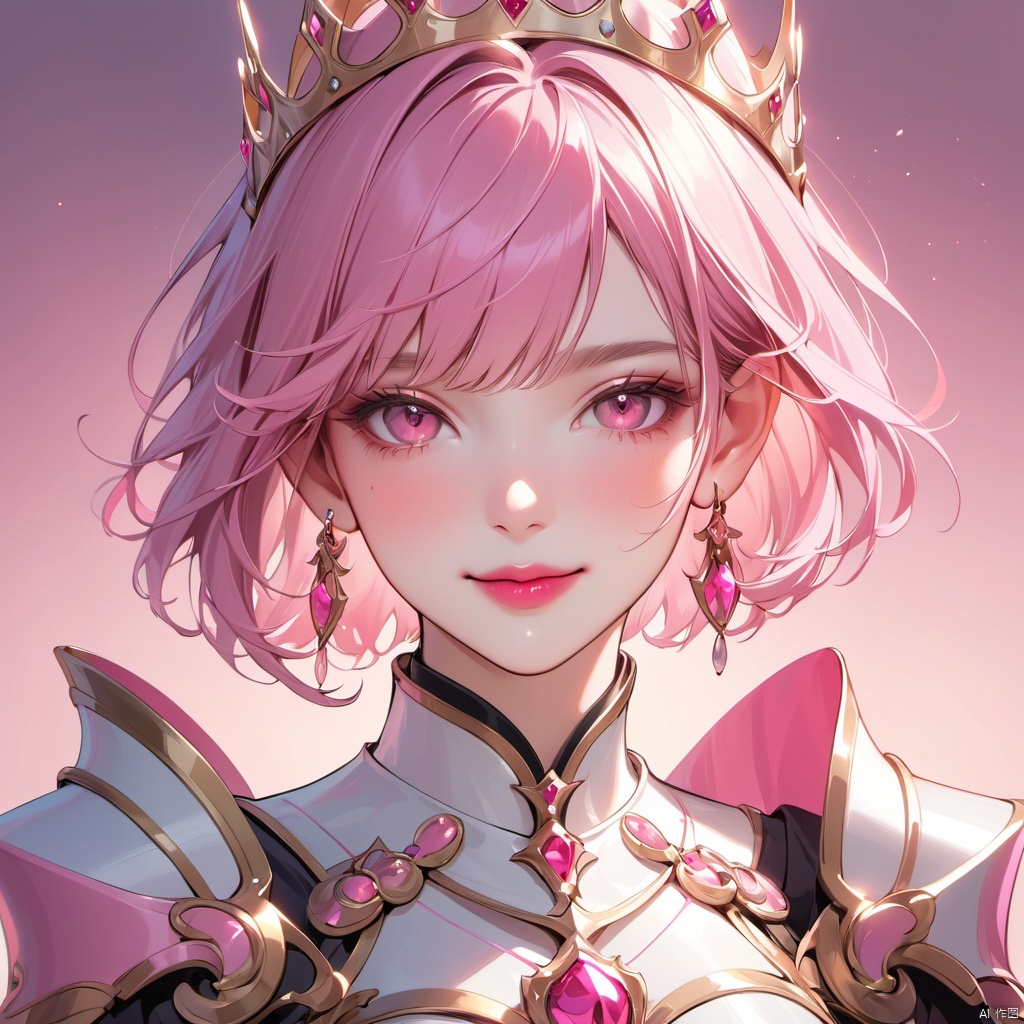 1girl, solo, looking at viewer, smile, short hair, bangs, hair ornament, jewelry, closed mouth, pink hair, earrings, pink eyes, armor, lips, gradient, gradient background, crown, portrait, pink lips, pink theme