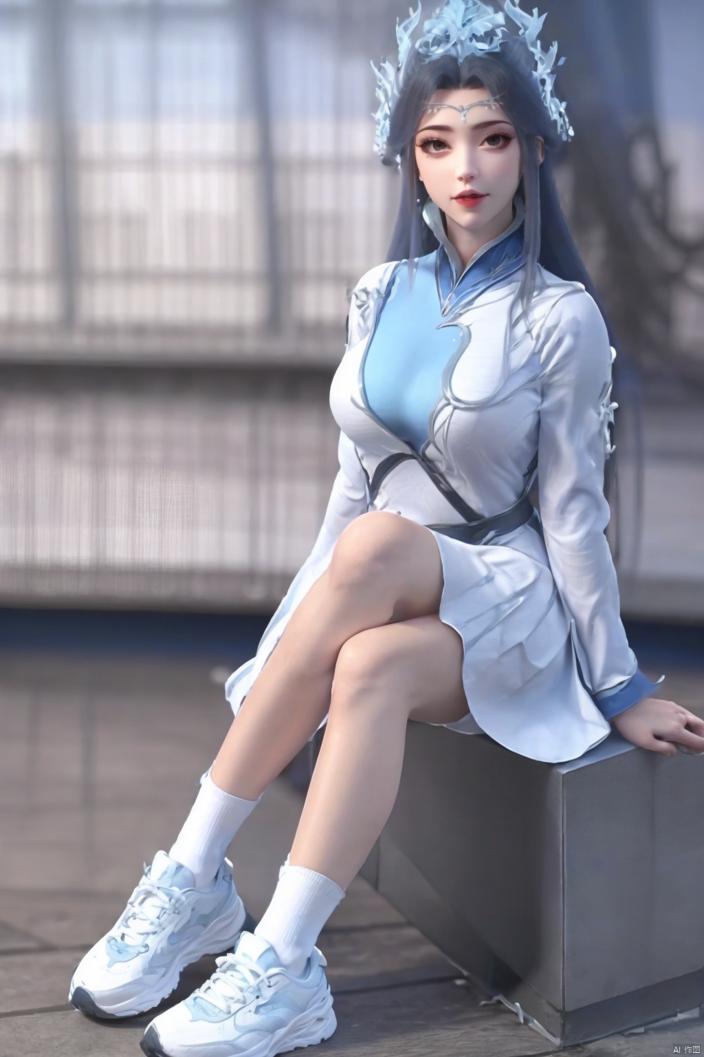 1girl, solo, long hair, breasts, black hair, long sleeves, dress, sitting, full body, shoes, socks, sneakers