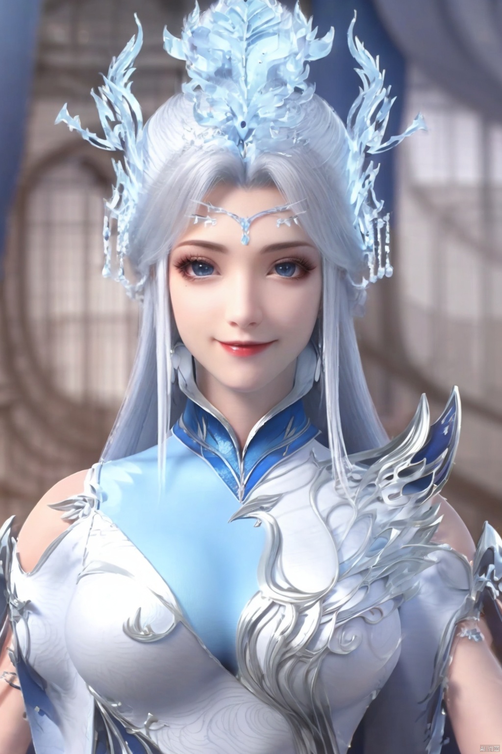 1girl, solo, long hair, looking at viewer, smile, blue eyes, hair ornament, dress, upper body, white hair, white dress