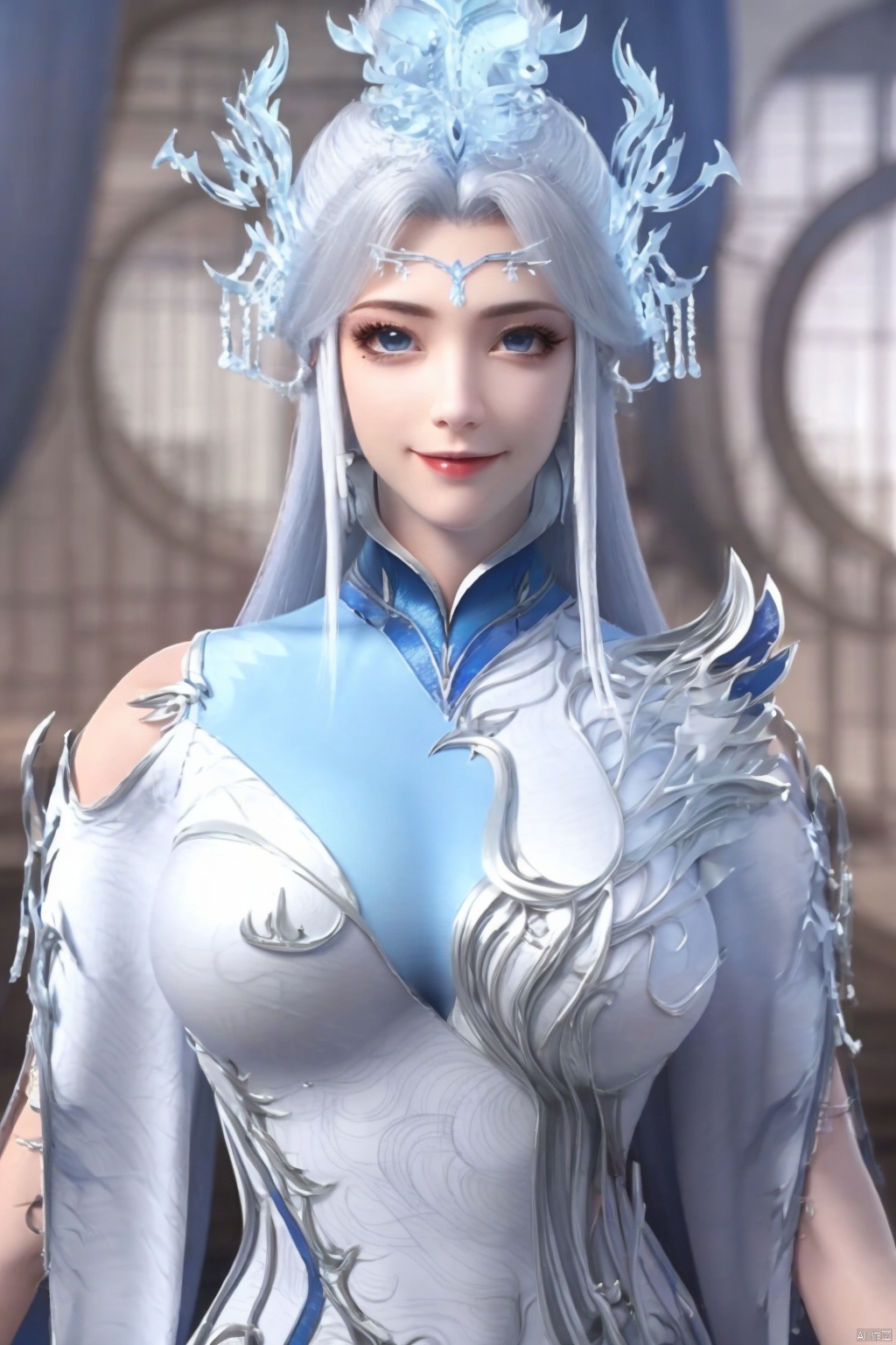 1girl, solo, long hair, looking at viewer, smile, blue eyes, hair ornament, dress, upper body, white hair, white dress
