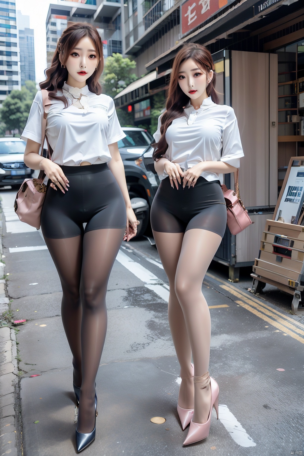  2 girls, full body shots, city, street,pantyhose