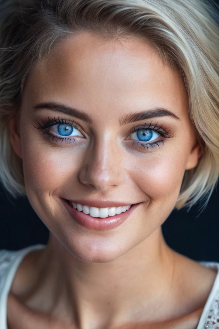  beautiful lady,big smile,blue eyes,short hair,dark makeup,super realistic,hyperdetailed photography,soft light,head and shoulders portrait,cover,