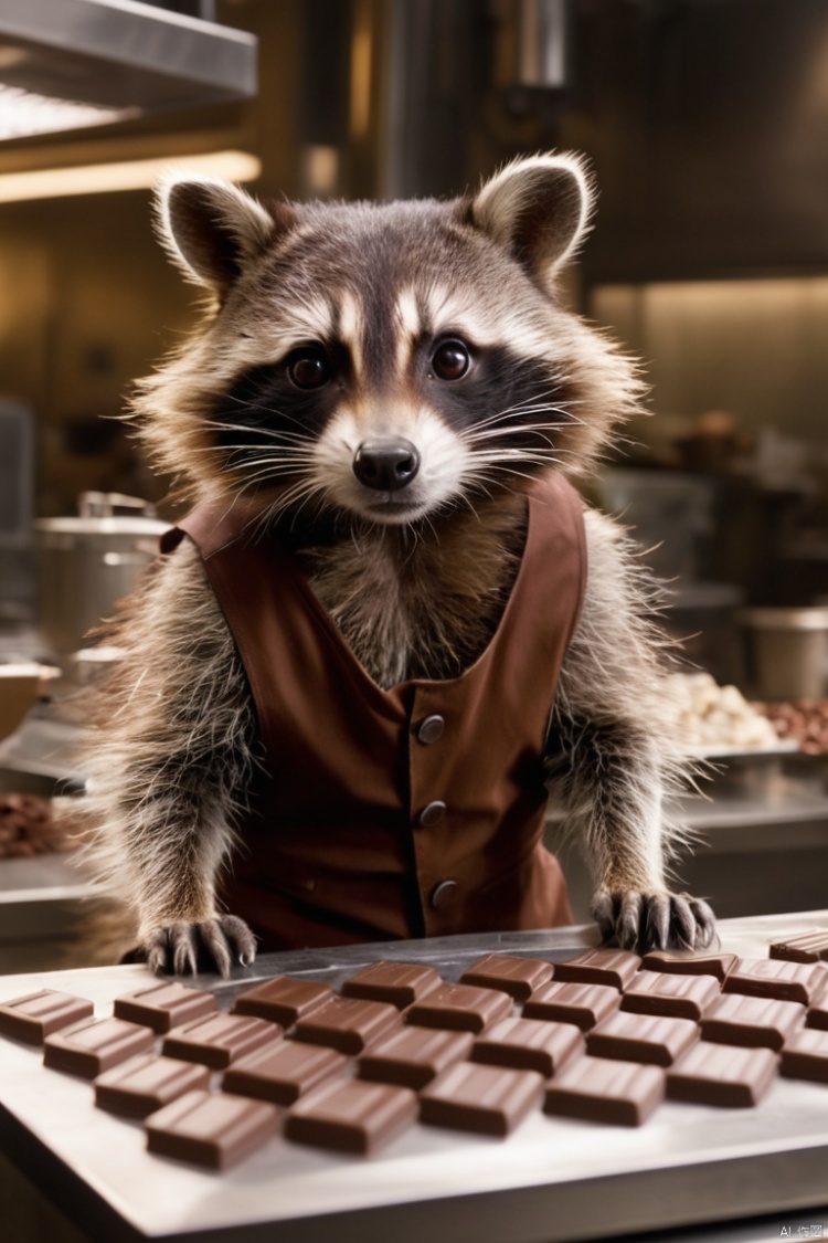 film still of Rocket Racoon working as a chocolatier in the new Avengers movie,8k,,Movie Still,