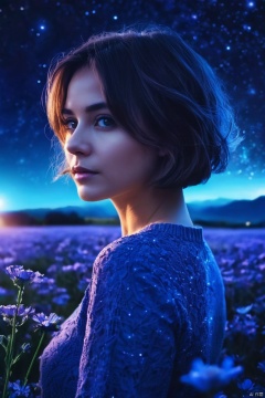 girl,night,blue light behind her,((Galaxy, Lens flare)),short hair,flower field,night sky,cinematic shot. Wallpaper. (Blue color schema),detailed background,a city in the distance,