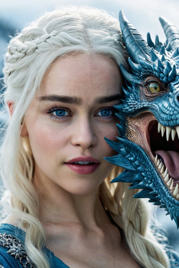 (Movie Still) from Game of Thrones,(extremely intricate:1.3),(realistic),portrait of a girl,the most beautiful in the world,Daenerys Targaryen,blonde hair,long hair,blue eyes,behind her is a dragon,monster,teeth,snow,(detailed face, detailed eyes, clear skin, clear eyes),photorealistic,award winning,professional photograph of a stunning woman detailed,sharp focus,dramatic,award winning,cinematic lighting,volumetrics dtx,,Movie Still, , emilia clarke