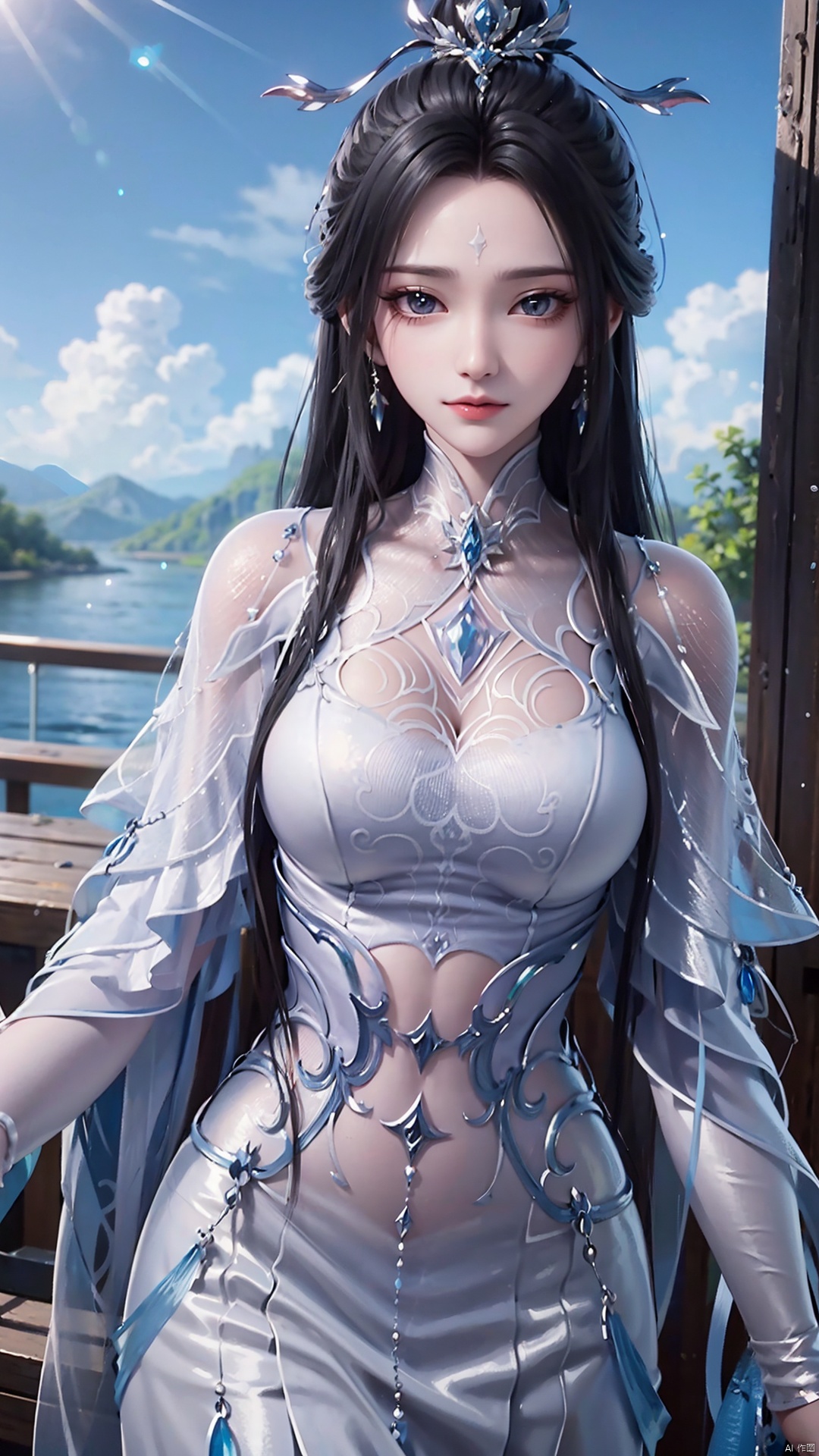 1girl, black hair, long hair, dress, solo, white dress, hair ornament, chinese clothes, facial mark, hair bun, forehead mark, earrings, mischevious smile, perfect body, scenery, sharp focus, best quality, masterpiece, detailed outfit, illustration, perfect eyes, finely detailed beautiful anime eyes, realistic skin, intricate details, best lighting, depth of field, ultra high resolution,cowboy_shot, dynamic pose, dynamic angle,