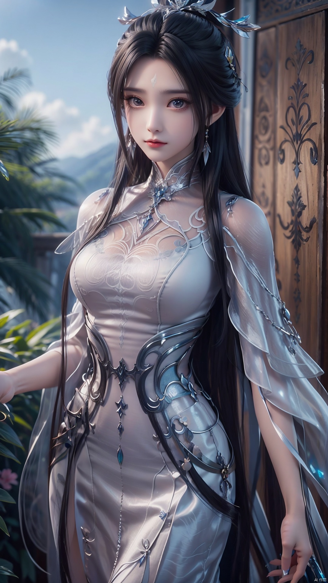 1girl, black hair, long hair, dress, solo, white dress, hair ornament, chinese clothes, facial mark, hair bun, forehead mark, earrings, mischevious smile, perfect body, scenery, sharp focus, best quality, masterpiece, detailed outfit, illustration, perfect eyes, finely detailed beautiful anime eyes, realistic skin, intricate details, best lighting, depth of field, ultra high resolution,cowboy_shot, dynamic pose, dynamic angle,