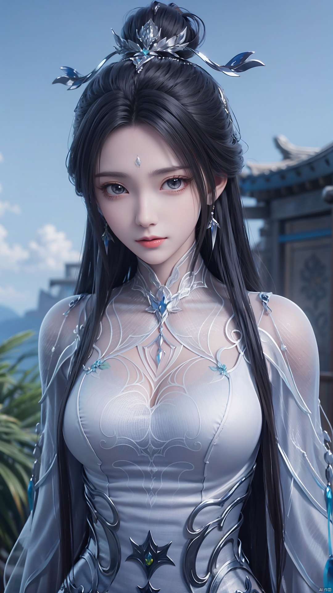1girl, black hair, long hair, dress, solo, white dress, hair ornament, chinese clothes, facial mark, hair bun, forehead mark, earrings, mischevious smile, perfect body, scenery, sharp focus, best quality, masterpiece, detailed outfit, illustration, perfect eyes, finely detailed beautiful anime eyes, realistic skin, intricate details, best lighting, depth of field, ultra high resolution,cowboy_shot, dynamic pose, dynamic angle,