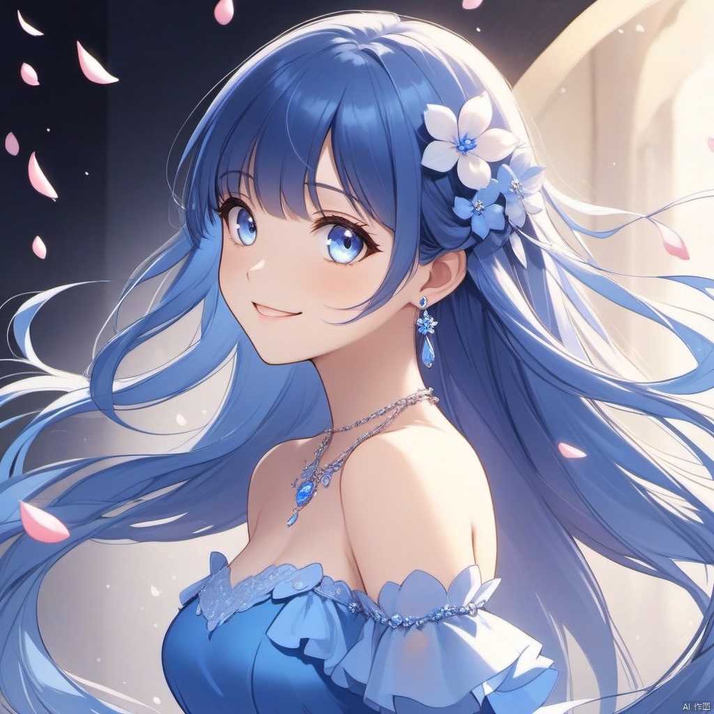 1girl, solo, long hair, looking at viewer, smile, bangs, blue eyes, hair ornament, dress, bare shoulders, jewelry, blue hair, upper body, flower, earrings, detached sleeves, hair flower, necklace, from side, petals, blue dress, falling petals