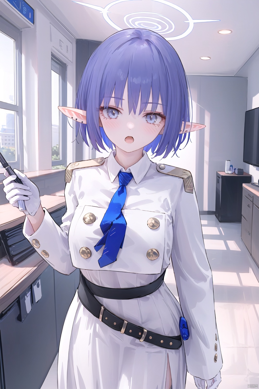1girl,(masterpiece:1.3),( beautiful:1.2),(high quality:1.2),(finely detailed:1.2),extremely detailed CG unity 8k wallpaper,best quality,a very delicate and beautiful,perfect fingers,(one cute girl at the center:1.2), looking_at_viewer, blush, open_mouth,
breasts,  short hair, bangs, blue eyes, skirt,  shirt, gloves, long sleeves, white shirt, purple hair,  necktie, pointy ears, belt, white gloves, uniform, grey eyes, halo, white skirt, blue necktie,aoiBA, long dress,
1girl, solo,looking at viewer, standing, indoors, 
