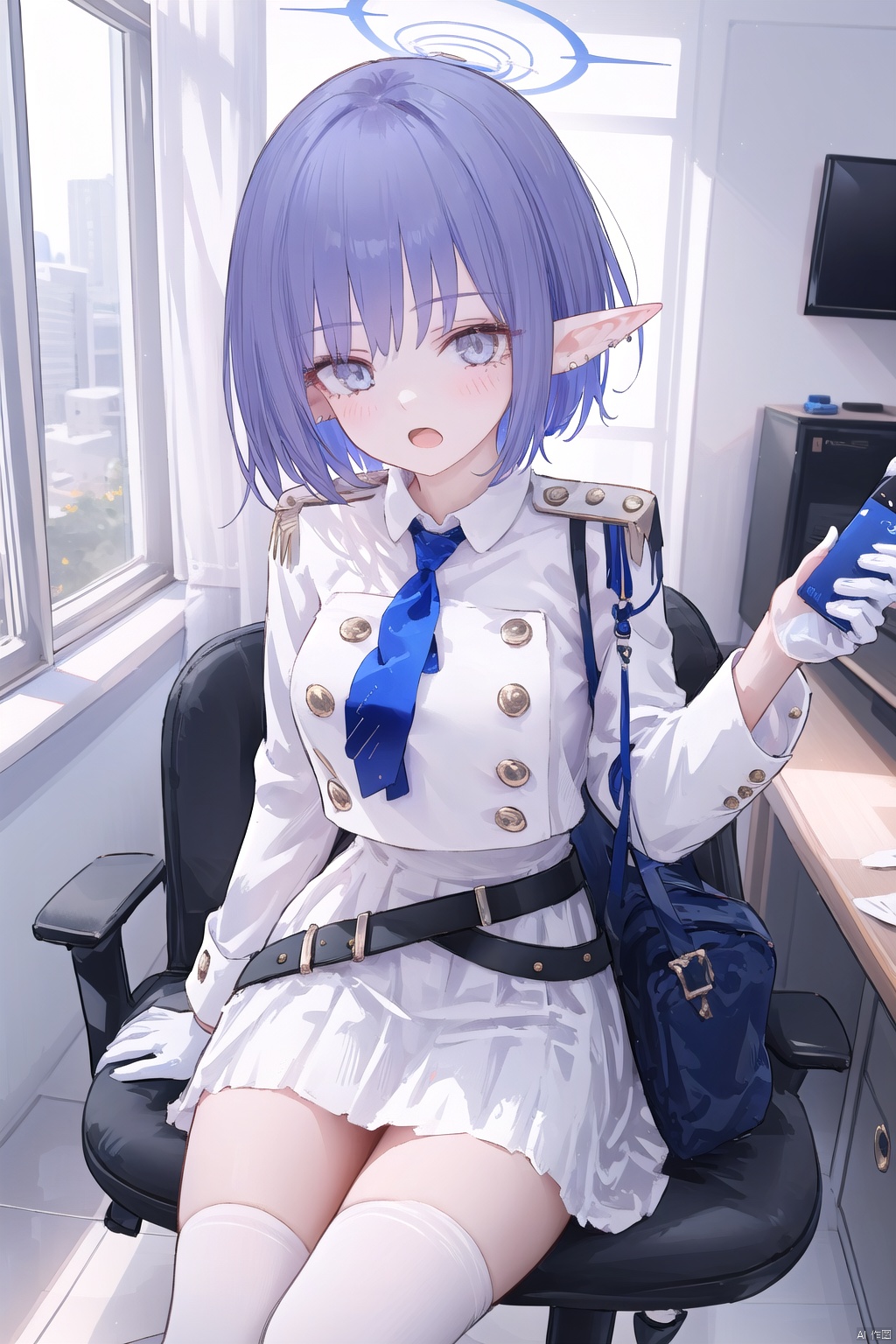 1girl,(masterpiece:1.3),( beautiful:1.2),(high quality:1.2),(finely detailed:1.2),extremely detailed CG unity 8k wallpaper,best quality,a very delicate and beautiful,perfect fingers,(one cute girl at the center:1.2), looking_at_viewer, blush, open_mouth,
breasts,  short hair, bangs, blue eyes, skirt,  shirt, gloves, long sleeves, white shirt, purple hair,  necktie, pointy ears, belt, white gloves, uniform, grey eyes, halo, white skirt, blue necktie,aoiBA,
1girl, solo,looking at viewer, sitting, indoors, 