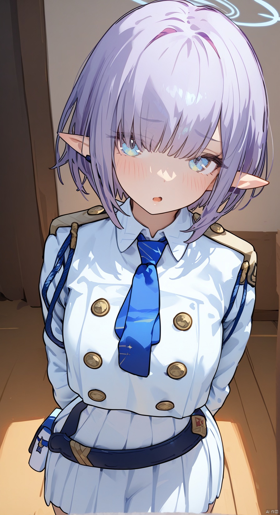  (masterpiece:1.3),( beautiful:1.2),(high quality:1.2),(finely detailed:1.2),extremely detailed CG unity 8k wallpaper,best quality,a very delicate and beautiful,perfect fingers,(one cute girl at the center:1.2),1girl, solo, looking_at_viewer, blush, open_mouth,
breasts,  short hair, bangs, blue eyes, skirt,  shirt, gloves, long sleeves, white shirt, purple hair,  necktie, pointy ears, belt, white gloves, uniform, grey eyes, halo, white skirt, blue necktie,aoiBA, long dress,
standing, indoors, 