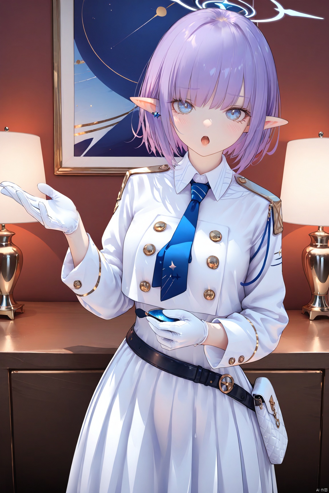 1girl,(masterpiece:1.3),( beautiful:1.2),(high quality:1.2),(finely detailed:1.2),extremely detailed CG unity 8k wallpaper,best quality,a very delicate and beautiful,perfect fingers,(one cute girl at the center:1.2), looking_at_viewer, blush, open_mouth,
breasts,  short hair, bangs, blue eyes, skirt,  shirt, gloves, long sleeves, white shirt, purple hair,  necktie, pointy ears, belt, white gloves, uniform, grey eyes, halo, white skirt, blue necktie,aoiBA, long dress,
1girl, solo,looking at viewer, standing, indoors, 
