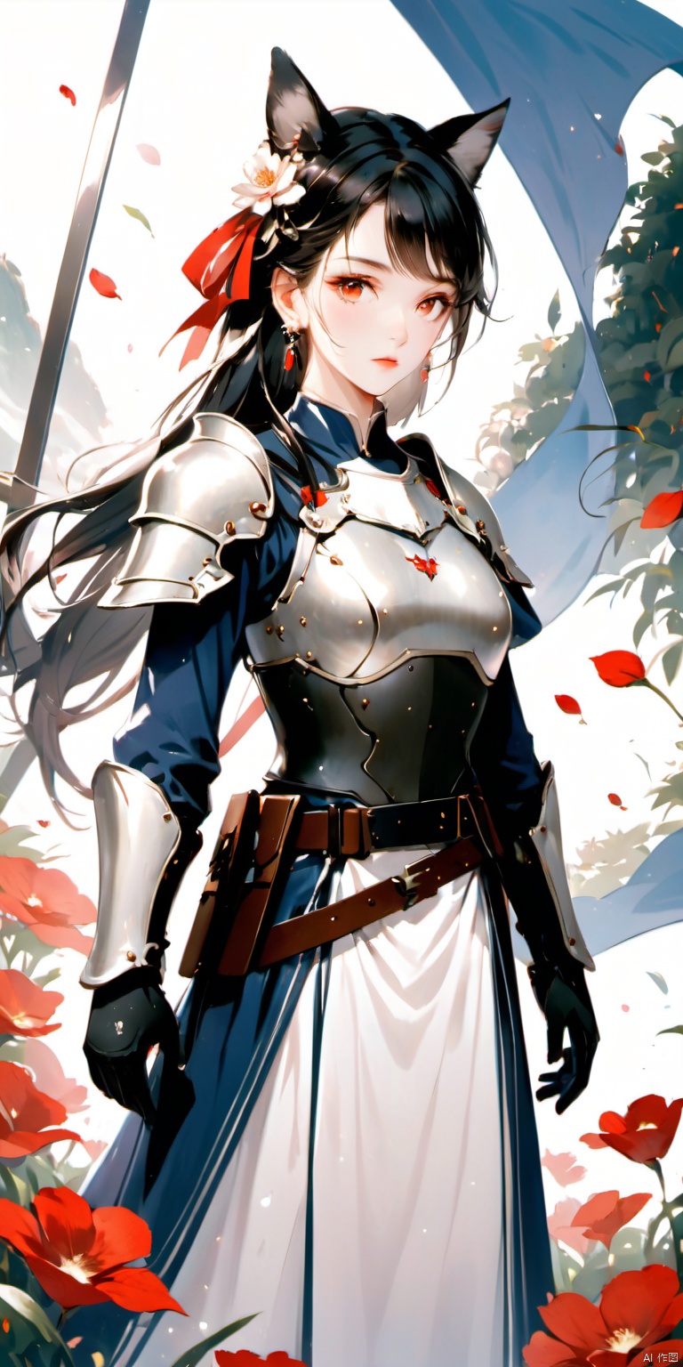  Ultra-clear, ultra-detailed, ((detailed depiction)), 1girl, solo, long hair, breasts, looking at viewer, bangs, black hair, hair ornament, red eyes, gloves, dress, ribbon, animal ears, jewelry, medium breasts, closed mouth, standing, hair ribbon, weapon, flower, cowboy shot, earrings, black gloves, belt, armor, red ribbon, lips, petals, swept bangs, wind, shoulder armor, gauntlets, arm at side, pauldrons, breastplate, vambraces, faulds, ultimate picture quality, CG, xihua