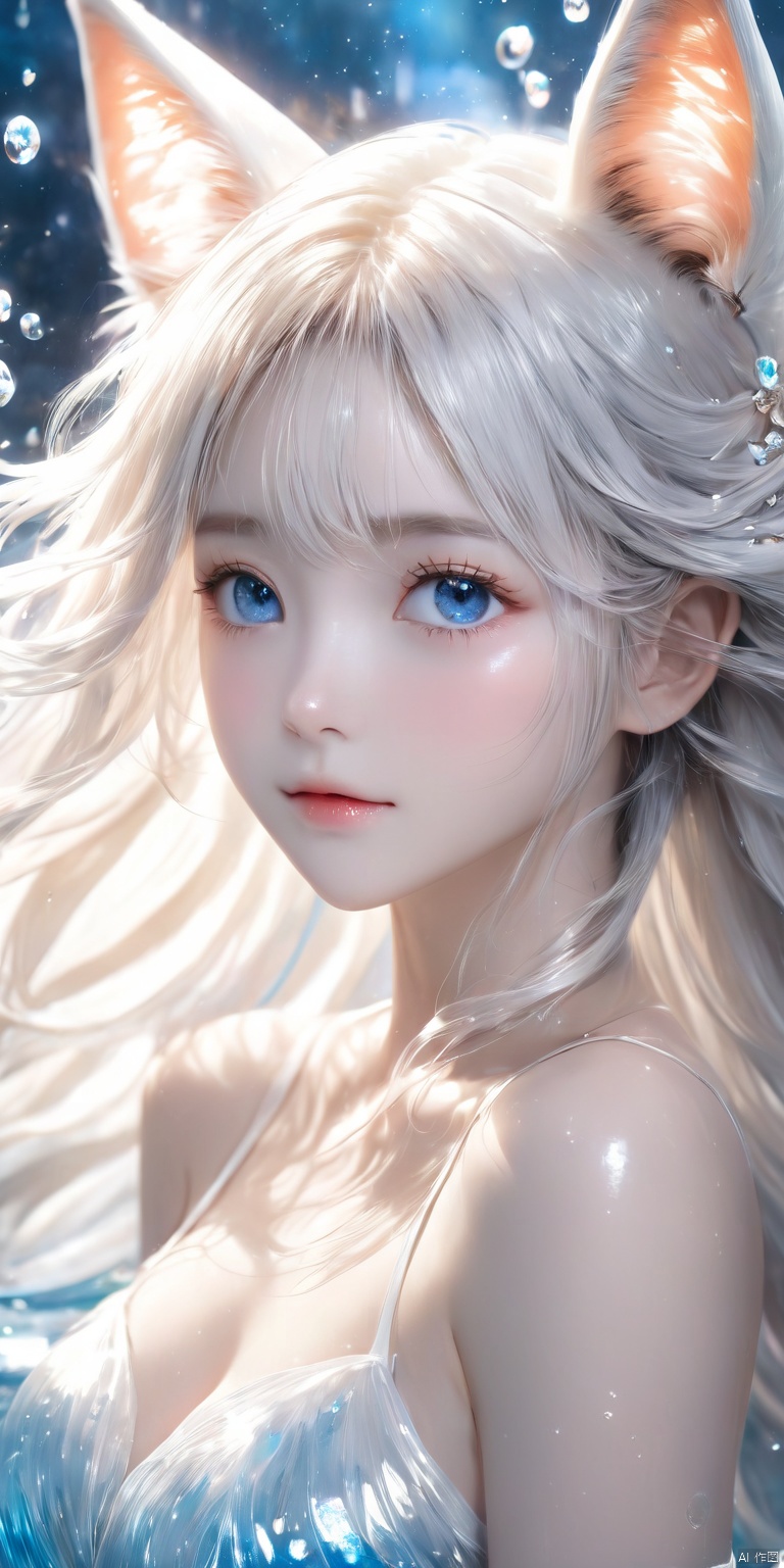  Ultra-clear, ultra-detailed, ((detailed depiction)),1girl, solo, long hair, breasts, looking at viewer, blue eyes, blonde hair, dress, animal ears, bare shoulders, upper body, white hair, white dress,watery details, ultimate picture quality, CG
