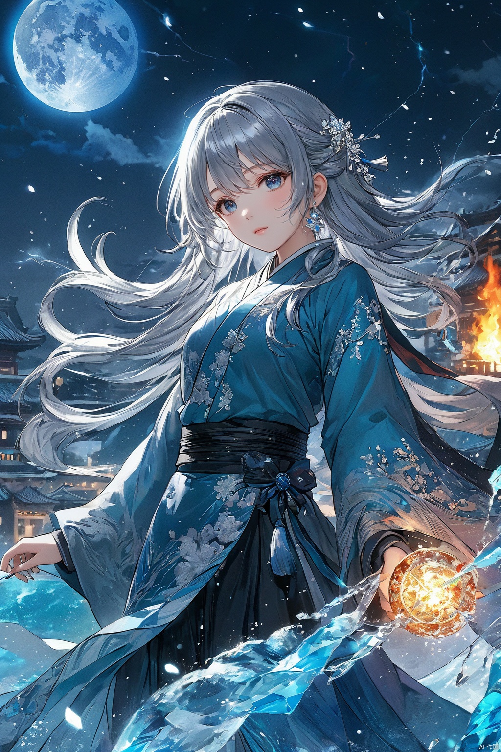  (masterpiece, top quality, best quality, official art, beautiful and aesthetic:1.2),(1girl:1.2),cute,extreme detailed,(silver_hair:1.1),fate \(series\),colorful,highest detailed,fire,ice,lightning,(splash_art:1.2),jewelry:1.4,hanfu,scenery,ink,