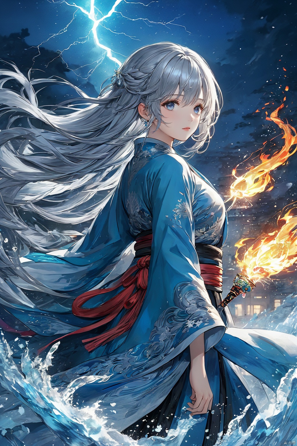  (masterpiece, top quality, best quality, official art, beautiful and aesthetic:1.2),(1girl:1.2),cute,extreme detailed,(silver_hair:1.1),fate \(series\),colorful,highest detailed,fire,ice,lightning,(splash_art:1.2),jewelry:1.4,hanfu,scenery,ink,
