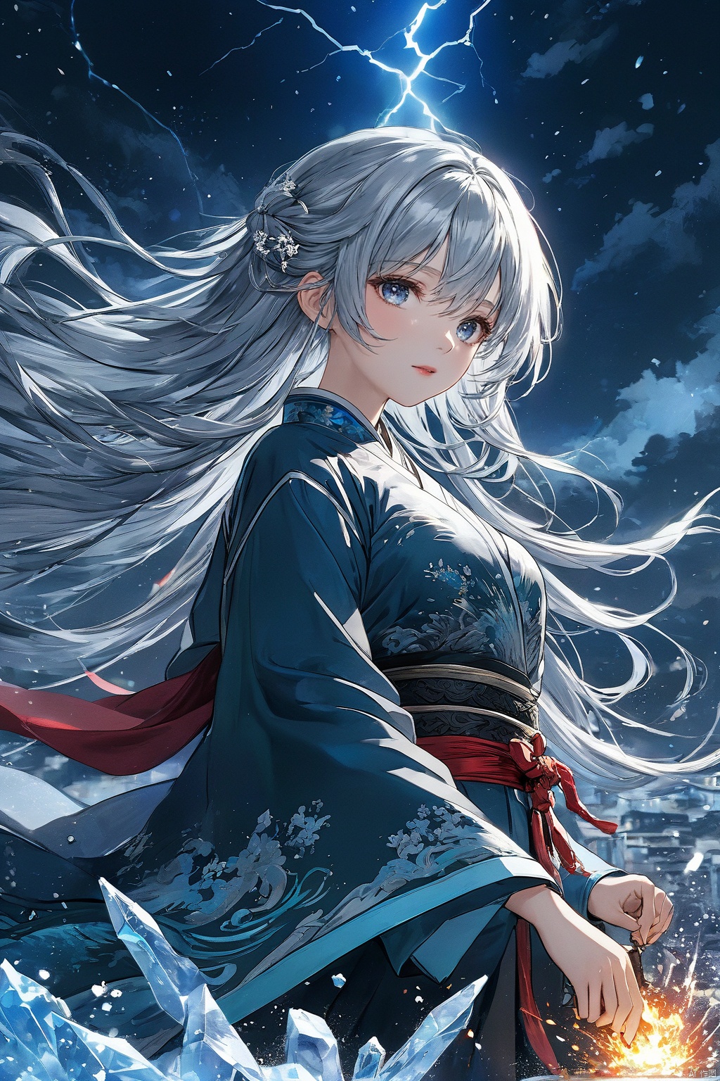  (masterpiece, top quality, best quality, official art, beautiful and aesthetic:1.2),(1girl:1.2),cute,extreme detailed,(silver_hair:1.1),fate \(series\),colorful,highest detailed,fire,ice,lightning,(splash_art:1.2),jewelry:1.4,hanfu,scenery,ink,