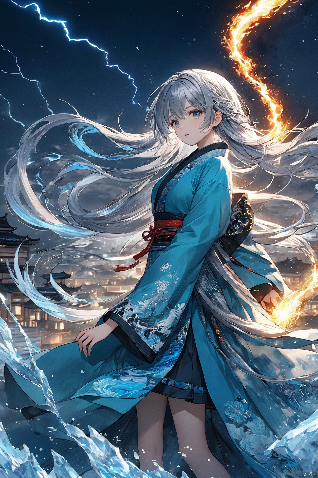  (masterpiece, top quality, best quality, official art, beautiful and aesthetic:1.2),(1girl:1.2),cute,extreme detailed,(silver_hair:1.1),fate \(series\),colorful,highest detailed,fire,ice,lightning,(splash_art:1.2),jewelry:1.4,hanfu,scenery,ink,