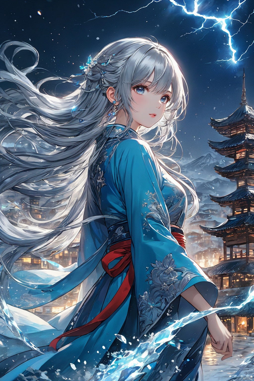  (masterpiece, top quality, best quality, official art, beautiful and aesthetic:1.2),(1girl:1.2),cute,extreme detailed,(silver_hair:1.1),fate \(series\),colorful,highest detailed,fire,ice,lightning,(splash_art:1.2),jewelry:1.4,hanfu,scenery,ink,