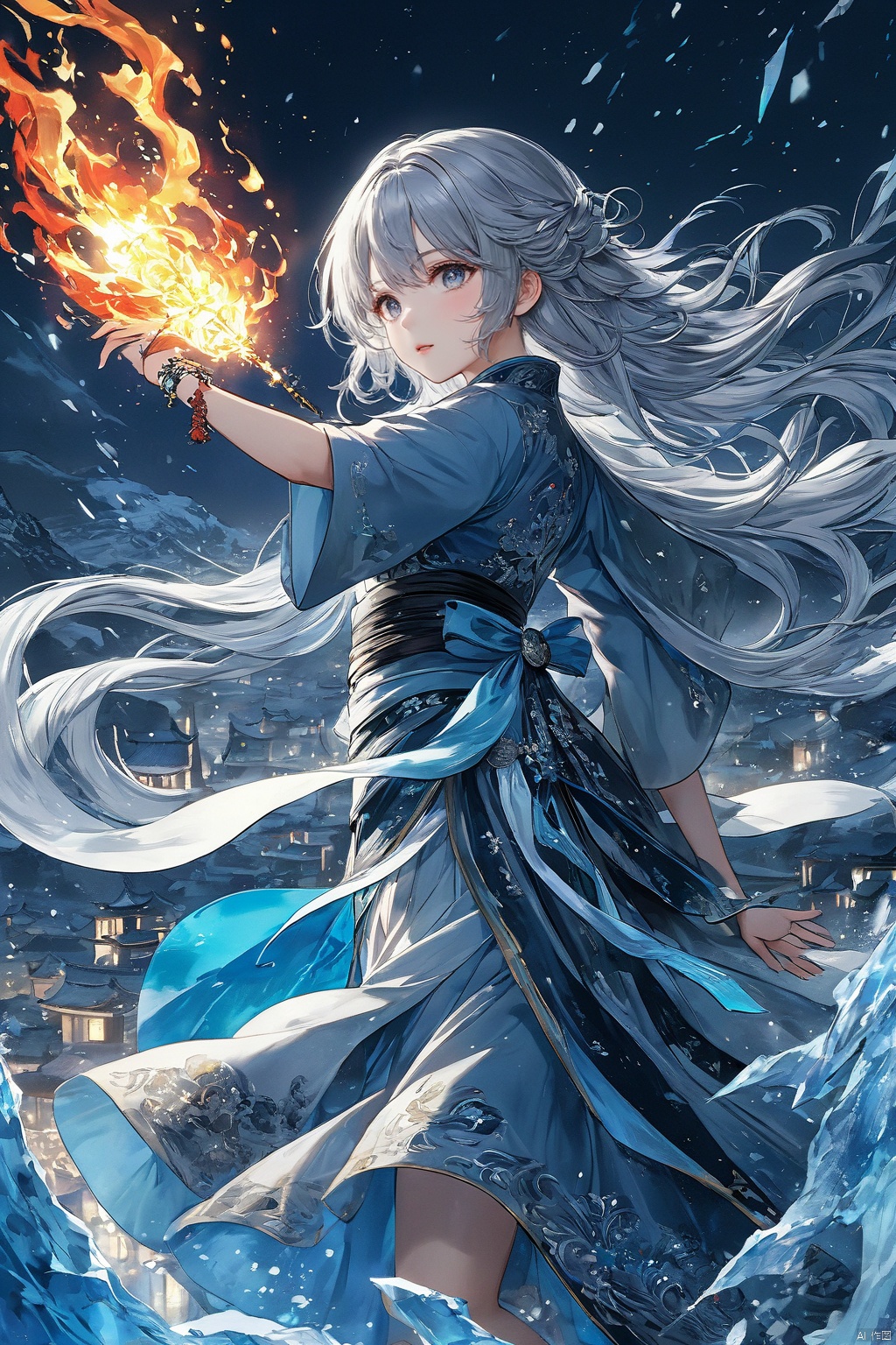  (masterpiece, top quality, best quality, official art, beautiful and aesthetic:1.2),(1girl:1.2),cute,extreme detailed,(silver_hair:1.1),fate \(series\),colorful,highest detailed,fire,ice,lightning,(splash_art:1.2),jewelry:1.4,hanfu,scenery,ink,