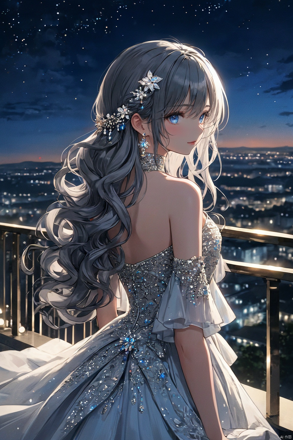  (masterpiece, top quality, best quality, official art, beautiful and aesthetic:1.2),(1girl:1.2),cute,extreme detailed,pt-hd, 1girl, solo, dress, hair ornament, long hair, night, hair flower, flower, white dress, railing, jewelry, earrings, bare shoulders, upper body, breasts, bangs, blush, closed mouth, night sky, sky, grey hair, bokeh, blurry, blue eyes, from behind, outdoors, wavy hair, hair between eyes, looking back, glint