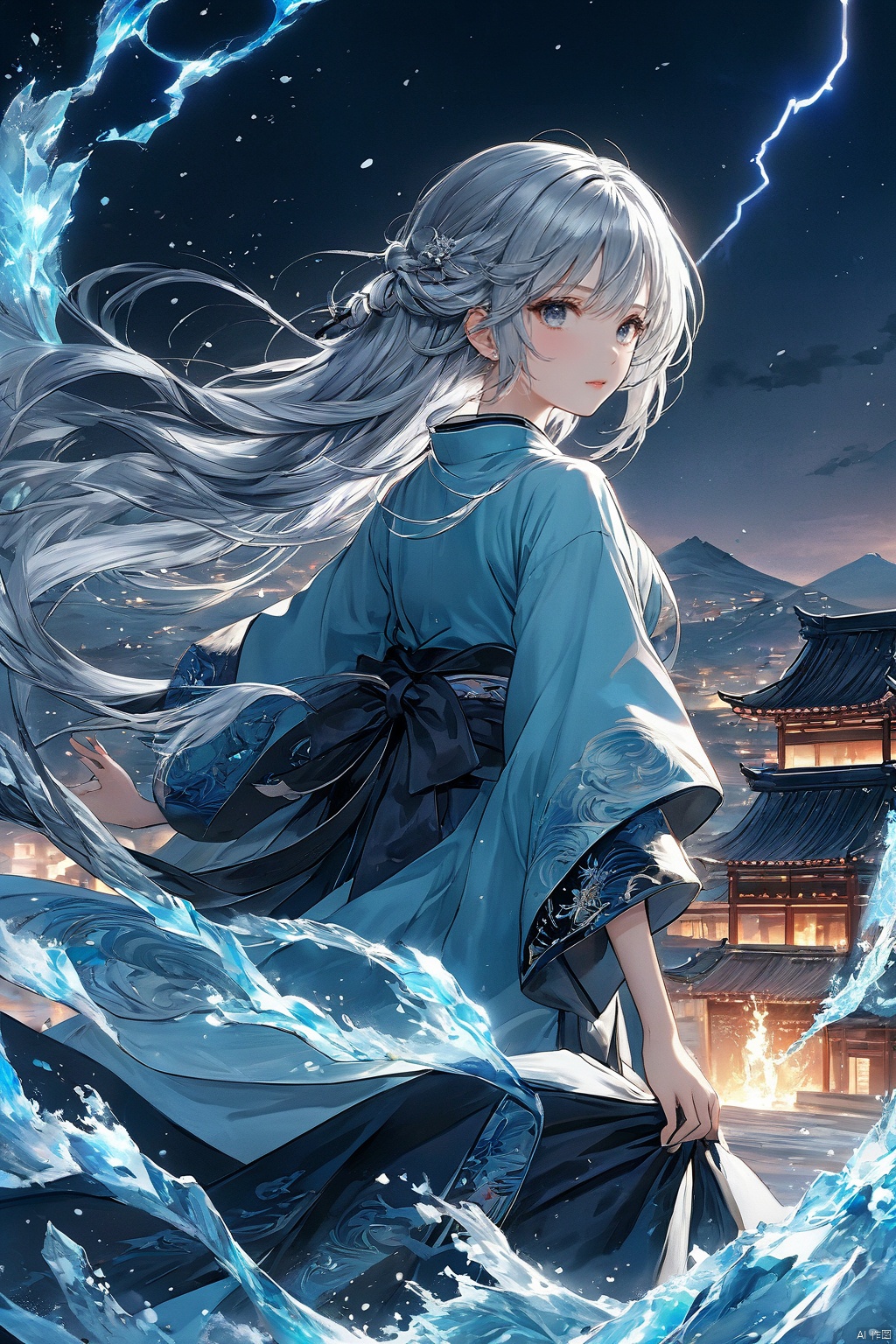  (masterpiece, top quality, best quality, official art, beautiful and aesthetic:1.2),(1girl:1.2),cute,extreme detailed,(silver_hair:1.1),fate \(series\),colorful,highest detailed,fire,ice,lightning,(splash_art:1.2),jewelry:1.4,hanfu,scenery,ink,