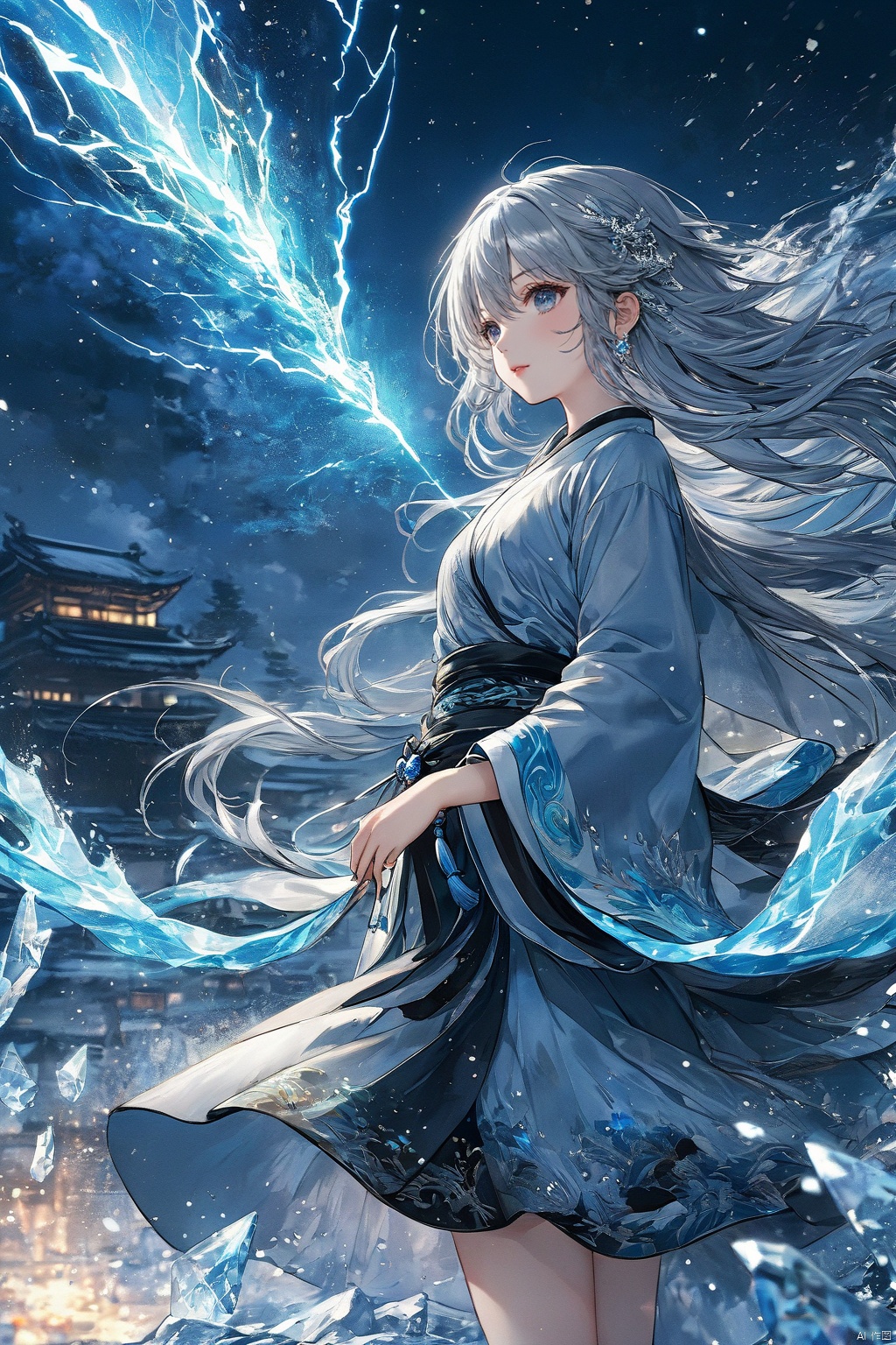  (masterpiece, top quality, best quality, official art, beautiful and aesthetic:1.2),(1girl:1.2),cute,extreme detailed,(silver_hair:1.1),fate \(series\),colorful,highest detailed,fire,ice,lightning,(splash_art:1.2),jewelry:1.4,hanfu,scenery,ink,