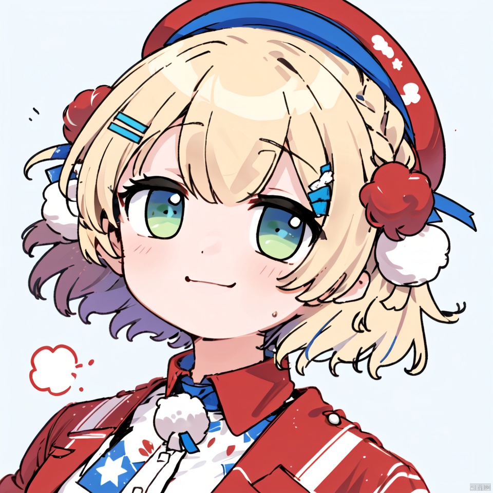  1girl, solo, looking at viewer, blush, smile, short hair, bangs, blonde hair, simple background, shirt, hair ornament, hat, green eyes, braid, virtual youtuber, blue background, light brown hair, portrait, red jacket, pom pom \(clothes\), hair rings, pom pom hair ornament