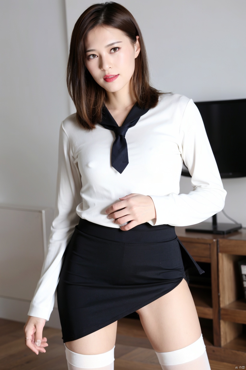  clothes_lift, skirt, skirt_lift, *****, lifted_by_self, plaid_skirt, Female pubic hair, solo, thighhighs, *****, 1girl, long_hair, realistic,Checkered skirt, blurry_background, looking_at_viewer, white_legwear, skirt_hold, sailor suit