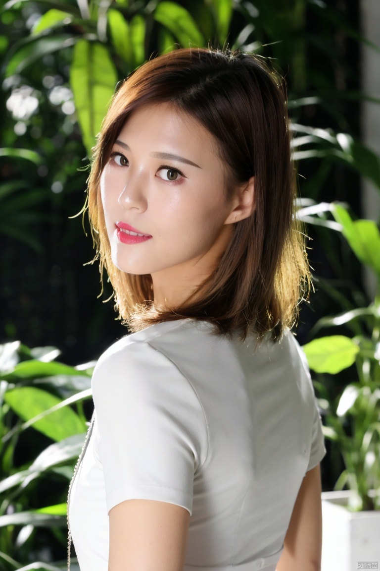  1girl, solo, looking at viewer, short hair, bangs, dress, closed mouth, standing, upper body, flower, white hair, short sleeves, looking back, from behind, white dress, grey eyes, leaf, white flower