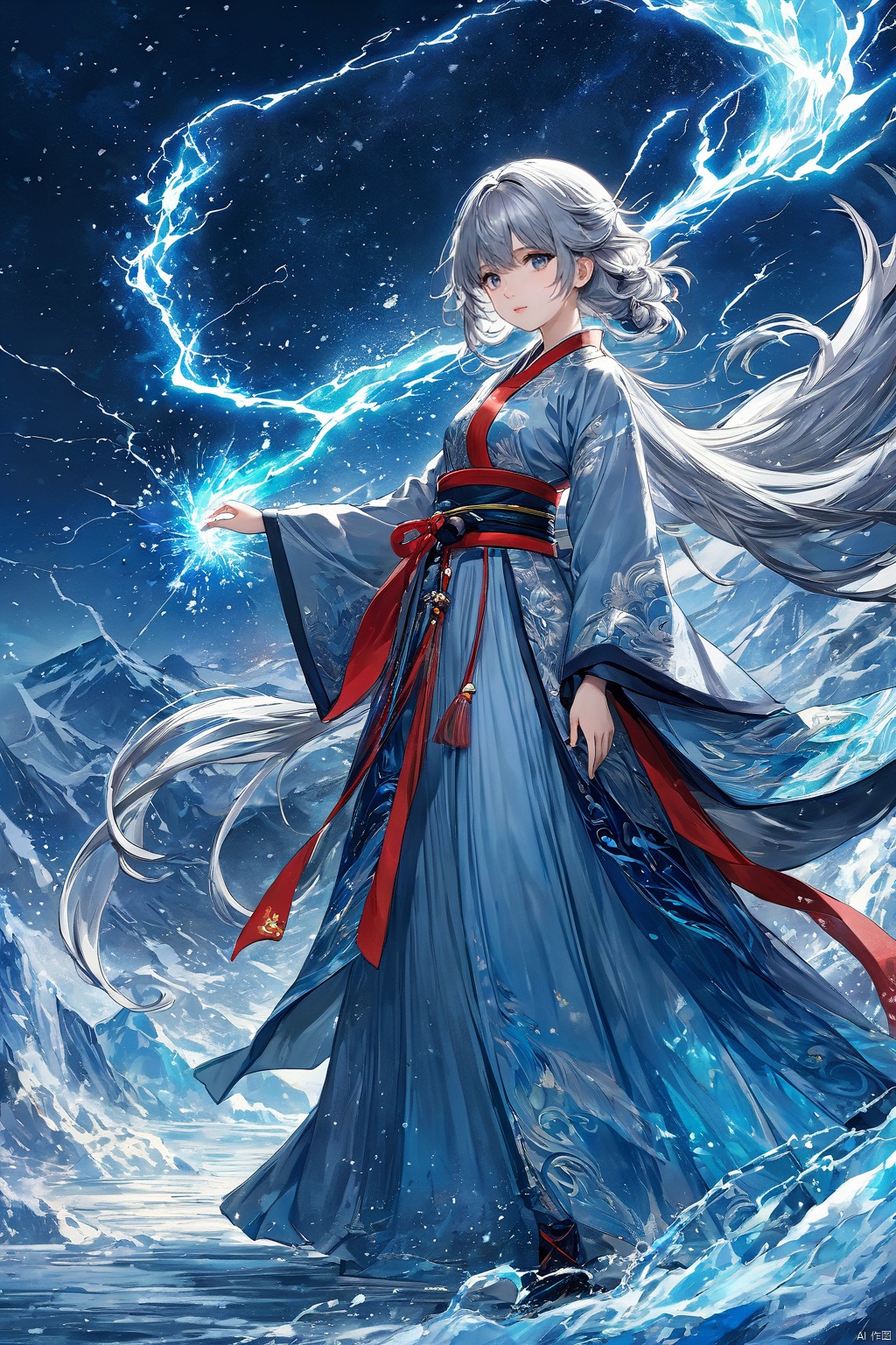  (masterpiece, top quality, best quality, official art, beautiful and aesthetic:1.2),(1girl:1.2),cute,extreme detailed,,(silver_hair:1.1),fate \(series\),colorful,highest detailed,fire,ice,lightning,(splash_art:1.2),jewelry:1.4,hanfu,scenery,ink,
