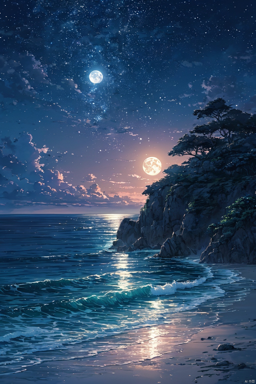  (masterpiece, top quality, best quality, official art, beautiful and aesthetic:1.2),(1girl:1.2),cute,extreme detailed,outdoors, sky, cloud, water, tree, no humans, night, ocean, beach, moon, star \(sky\), night sky, scenery, starry sky, sunset, rock, sand, sun, horizon, waves, shore