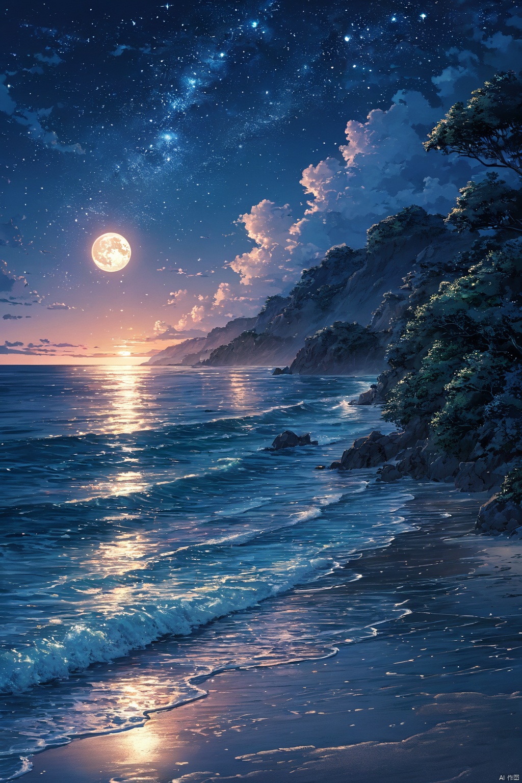  (masterpiece, top quality, best quality, official art, beautiful and aesthetic:1.2),(1girl:1.2),cute,extreme detailed,outdoors, sky, cloud, water, tree, no humans, night, ocean, beach, moon, star \(sky\), night sky, scenery, starry sky, sunset, rock, sand, sun, horizon, waves, shore