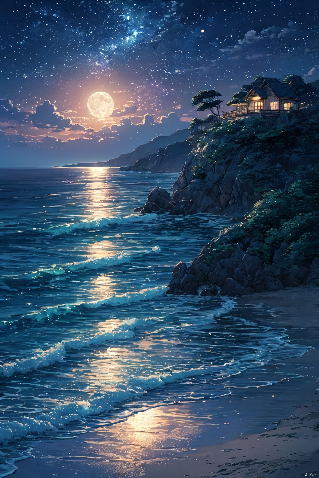  (masterpiece, top quality, best quality, official art, beautiful and aesthetic:1.2),(1girl:1.2),cute,extreme detailed,outdoors, sky, cloud, water, tree, no humans, night, ocean, beach, moon, star \(sky\), night sky, scenery, starry sky, sunset, rock, sand, sun, horizon, waves, shore