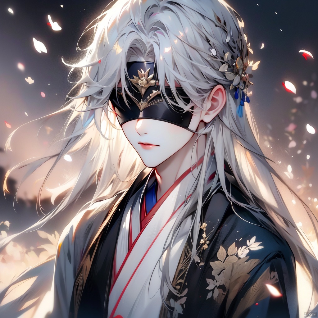 solo, long hair, hair ornament, 1boy, closed mouth, upper body, white hair, male focus, japanese clothes, kimono, blurry, petals, headband, portrait, facing viewer, blindfold, covered eyes
