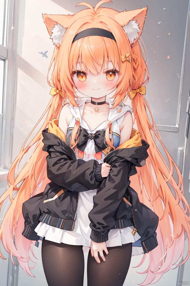 1girl, solo, long hair, breasts, looking at viewer, blush, smile, orange hair,long sleeves, bow, animal ears, bare shoulders, orange eyes, very long hair, collarbone, jacket, hair bow, thighs, cowboy shot, hairband, small breasts, open clothes,sleeveless, choker, black thighhighs, cat ears,hood, off shoulder,open jacket, black jacket, animal ear fluff,hoodie, black bow, garter straps, black choker, hood down, antenna hair, black hairband,posing,stuffing,object hug, white pantyhose