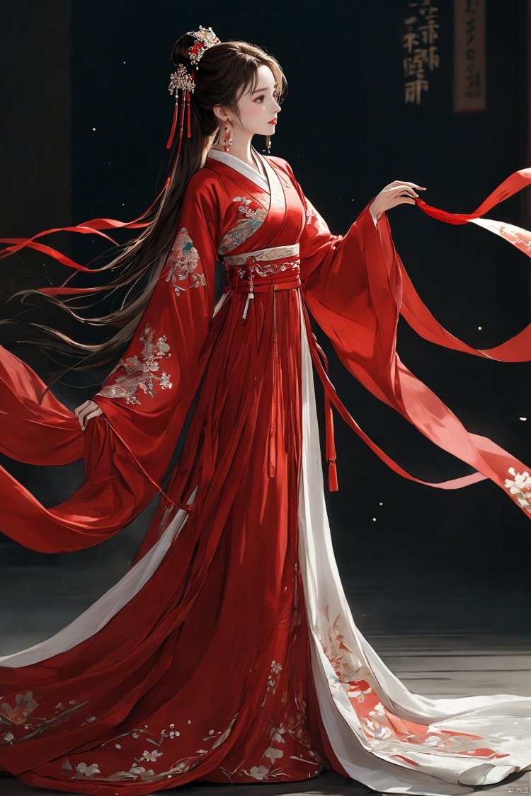  (masterpiece, top quality, best quality, official art, beautiful and aesthetic:1.2),gf-hd, 1girl, solo, hair ornament, jewelry, dress, red dress, earrings, chinese clothes, brown hair, ribbon, hanfu, red ribbon, shawl