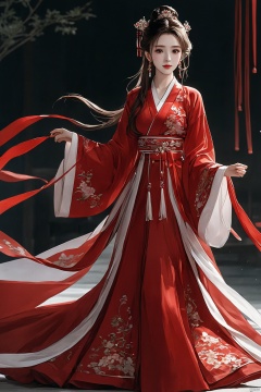  (masterpiece, top quality, best quality, official art, beautiful and aesthetic:1.2),gf-hd, 1girl, solo, hair ornament, jewelry, dress, red dress, earrings, chinese clothes, brown hair, ribbon, hanfu, red ribbon, shawl