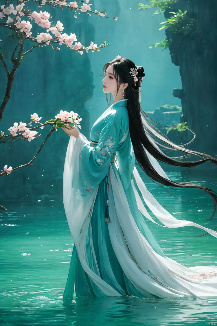  (masterpiece, top quality, best quality, official art, beautiful and aesthetic:1.2),gf-hd, 1girl, long hair, solo, upper body, water, flower, earrings, hair ornament, jewelry, black hair, chinese clothes, hanfu, long sleeves