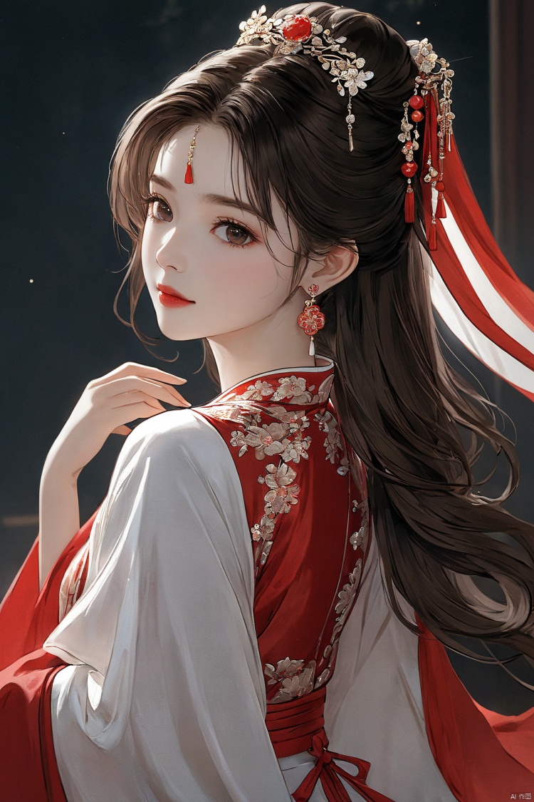  (masterpiece, top quality, best quality, official art, beautiful and aesthetic:1.2),gf-hd, 1girl, solo, hair ornament, jewelry, dress, red dress, earrings, chinese clothes, brown hair, ribbon, hanfu, red ribbon, shawl