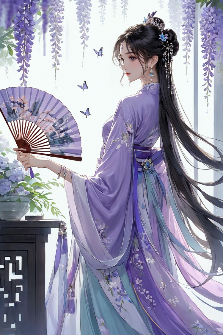  (masterpiece, top quality, best quality, official art, beautiful and aesthetic:1.2),gf-hd, gf-hd, 1girl, long hair, hair ornament, hand fan, solo, jewelry, butterfly, upper body, earrings, bug, wisteria, hair bun, flower, looking at viewer, dress, holding, chinese clothes, from side, holding fan
