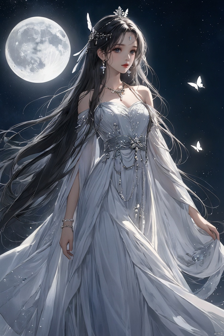  (masterpiece, top quality, best quality, official art, beautiful and aesthetic:1.2),gf-hd, 1girl, long hair, solo, bug, butterfly, dress, jewelry, upper body, white dress, grey eyes, hair ornament, necklace, earrings, looking at viewer, bare shoulders, moon