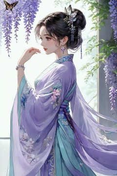  (masterpiece, top quality, best quality, official art, beautiful and aesthetic:1.2),gf-hd, gf-hd, 1girl, long hair, hair ornament, hand fan, solo, jewelry, butterfly, upper body, earrings, bug, wisteria, hair bun, flower, looking at viewer, dress, holding, chinese clothes, from side, holding fan