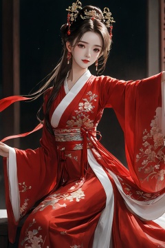  (masterpiece, top quality, best quality, official art, beautiful and aesthetic:1.2),gf-hd, 1girl, solo, hair ornament, jewelry, dress, red dress, earrings, chinese clothes, brown hair, ribbon, hanfu, red ribbon, shawl