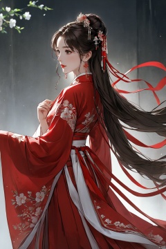  (masterpiece, top quality, best quality, official art, beautiful and aesthetic:1.2),gf-hd, 1girl, solo, hair ornament, jewelry, dress, red dress, earrings, chinese clothes, brown hair, ribbon, hanfu, red ribbon, shawl